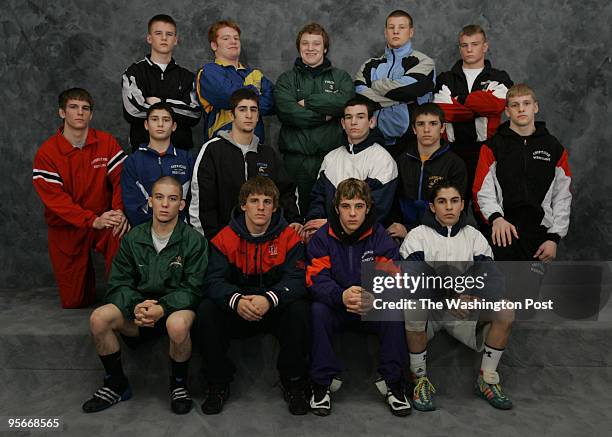 Winter Sports All-Met wrestling team photographed at the MCI Center on Tuesday, March 22, 2005. WRESTLING-Front row : Matt Taylor , Mike Rowe , Matt...