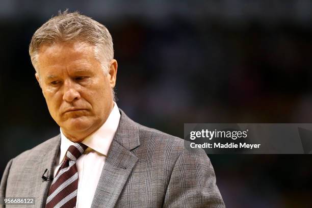 Brett Brown head coach of the Philadelphia 76ers looks on during Game Five of the Eastern Conference Second Round of the 2018 NBA Playoffs at TD...