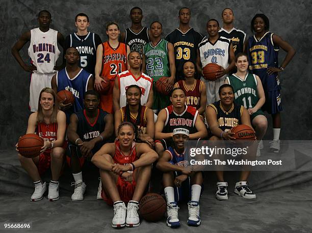 Winter Sports All-Met girls and boys basketball players photographed at the MCI Center on Tuesday, March 22, 2005. BASKETBALL-Front row : Brittany...