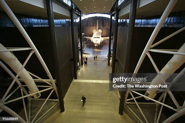 View into the James S. McDonnell Space Hangar. You can see the Space Shuttle Enterprise. This is looking from the Steven F. Udvar-Hazy Center