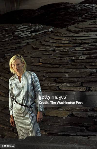 Actress Tilda Switon, whose eclectic film career continues with a starring role in"Thumbsucker", amidst the scultpture "Roof" by Andy Goldsworthy in...
