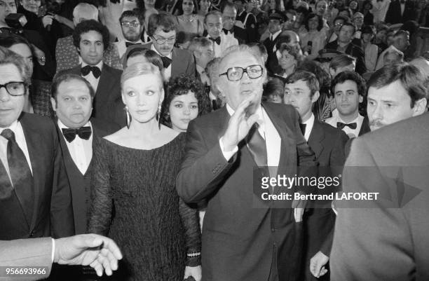 Federico Fellini, Marcello Mastroianni et Anna Prucnal pour le film 'La Cité Des Femmes' lors du Festival de Cannes en mai 1980, Cannes, France.