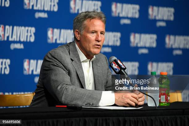 Brett Brown of the Philadelphia 76ers talks to the media after the game against the Boston Celtics in Game Five of the Eastern Conference Semifinals...