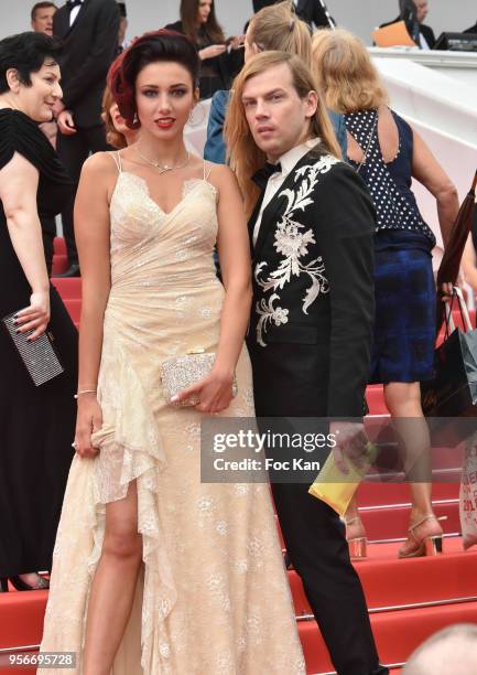 Miss France Delphine Wespiser and designer Christophe Guillarme attend the screening of 'Yomeddine' during the 71st annual Cannes Film Festival at...
