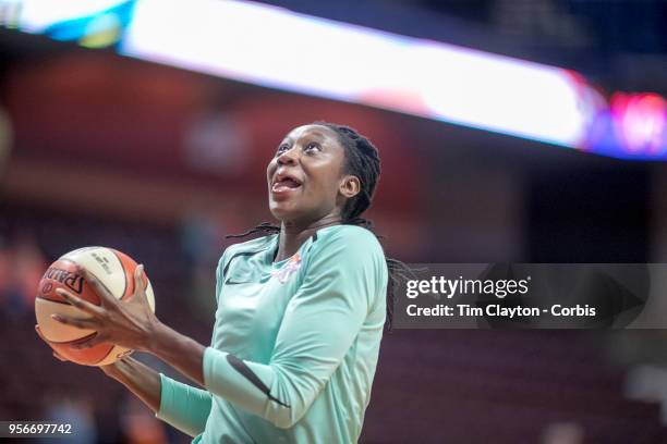 May 7: Tina Charles of the New York Liberty during warm up before the Dallas Wings Vs New York Liberty, WNBA pre season game at Mohegan Sun Arena on...