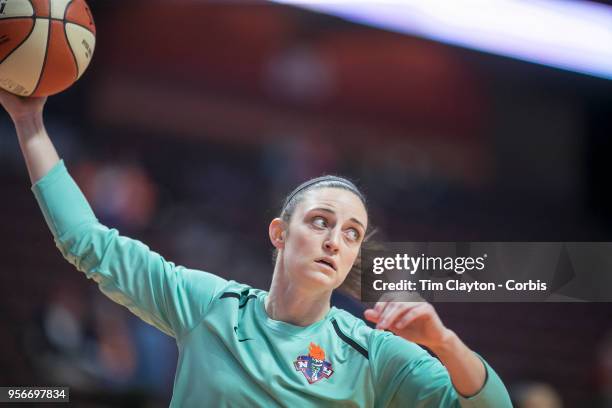 May 7: Kelly Faris of the New York Liberty during warm up before the Dallas Wings Vs New York Liberty, WNBA pre season game at Mohegan Sun Arena on...