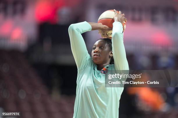 May 7: Tina Charles of the New York Liberty during warm up before the Dallas Wings Vs New York Liberty, WNBA pre season game at Mohegan Sun Arena on...