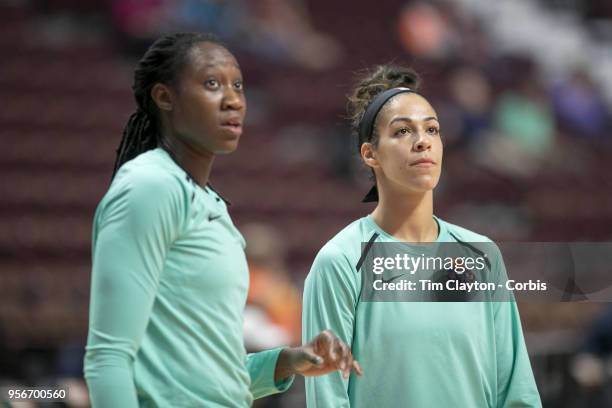 May 7: Kia Nurse of the New York Liberty and Tina Charles of the New York Liberty during warm up before the Dallas Wings Vs New York Liberty, WNBA...