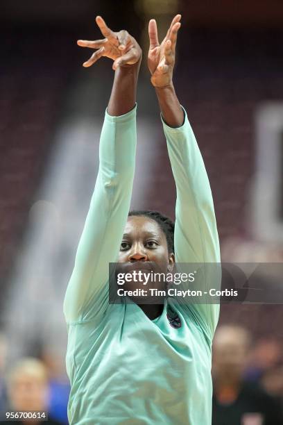 May 7: Tina Charles of the New York Liberty during warm up before the Dallas Wings Vs New York Liberty, WNBA pre season game at Mohegan Sun Arena on...