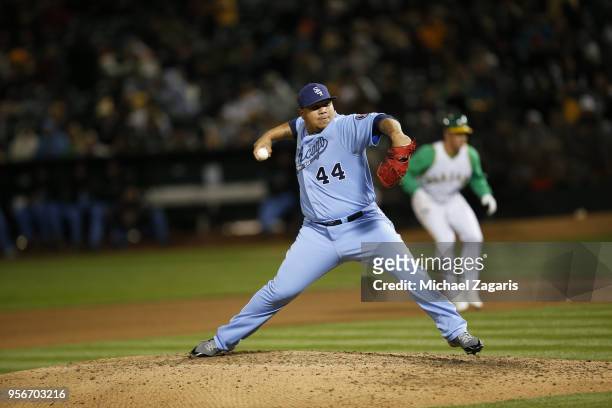 Bruce Rondon of the Chicago White Sox pitches during the game against the Oakland Athletics at the Oakland Alameda Coliseum on April 17, 2018 in...