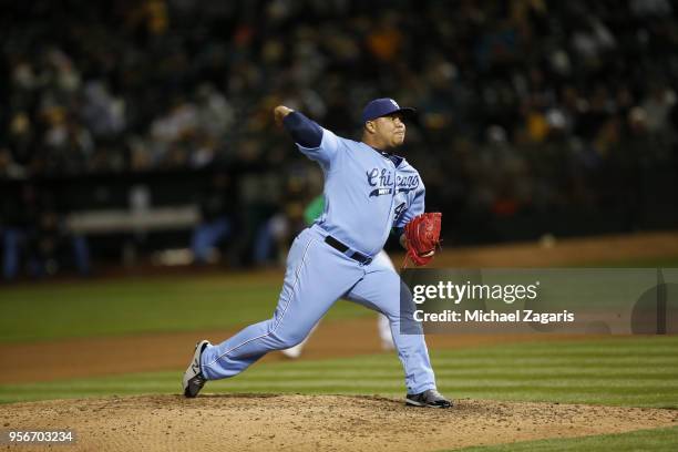 Bruce Rondon of the Chicago White Sox pitches during the game against the Oakland Athletics at the Oakland Alameda Coliseum on April 17, 2018 in...