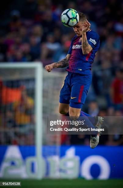 Lucas Digne of Barcelona in action during the La Liga match between Barcelona and Villarreal at Camp Nou on May 9, 2018 in Barcelona, Spain.