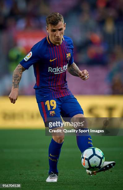 Lucas Digne of Barcelona in action during the La Liga match between Barcelona and Villarreal at Camp Nou on May 9, 2018 in Barcelona, Spain.
