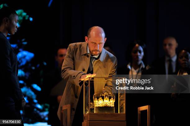 Stephane Degout as King with artists of the company in the Royal Opera's production of Martin Crimp's Lessons in Love and Violence directed by Katie...