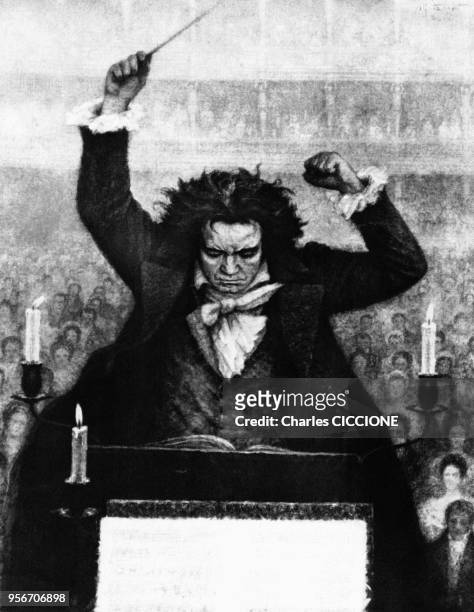 German composer Ludwig van Beethoven conducting, circa 1800. Le compositeur allemand Ludwig van Beethoven dirigeant un orchestre.