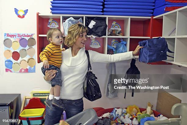 Poli Marinova picks up her 13-month-old son Victor from Tiny Tots Playroom, a daycare in Alexandria, Virginia.