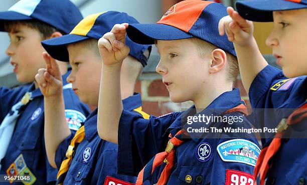 Members of Cub Scout Pack 982 from left, Collin Runholt, Jimmy Wehmann, Jack Farmer and Ryan Breen lead the Pledge of Allegiance at Leesburg's annual...