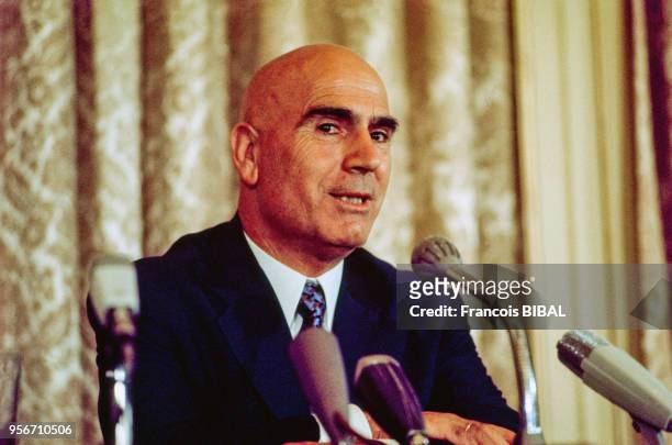 Portrait de Stylianos Pattakos, le ministre grec de l'Intérieur, lors d'une conférence de presse, circa 1970.
