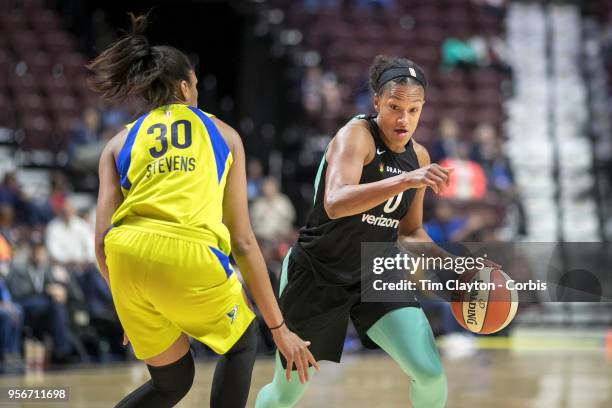 May 7: Marissa Coleman of the New York Liberty defended by Azura Stevens of the Dallas Wings during the Dallas Wings Vs New York Liberty, WNBA pre...