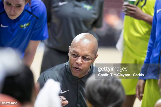 May 7: Fred Williams, head coach of the Dallas Wings talks to his players during time out during the Dallas Wings Vs New York Liberty, WNBA pre...