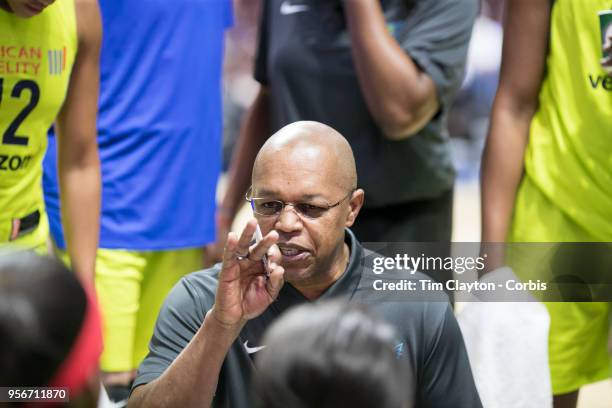 May 7: Fred Williams, head coach of the Dallas Wings talks to his players during time out during the Dallas Wings Vs New York Liberty, WNBA pre...