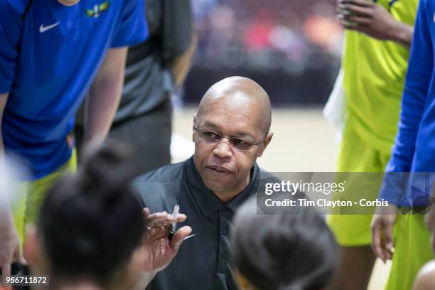May 7: Fred Williams, head coach of the Dallas Wings talks to his players during time out during the Dallas Wings Vs New York Liberty, WNBA pre...