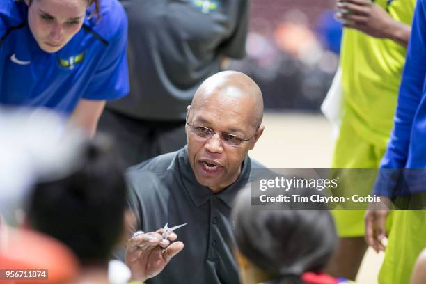 May 7: Fred Williams, head coach of the Dallas Wings talks to his players during time out during the Dallas Wings Vs New York Liberty, WNBA pre...