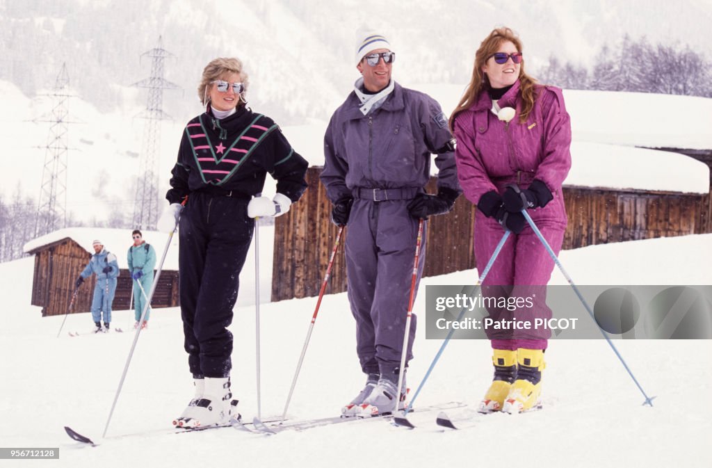 Lady Diana, le Prince Charles et Sarah Ferguson au ski en 1988