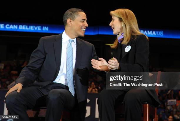 Sen. Barack Obama holds a rally at the Izod Center in Meadowlands, N.J., on the eve of Super Tuesday. Here, Obama turns to Caroline Kennedy before he...