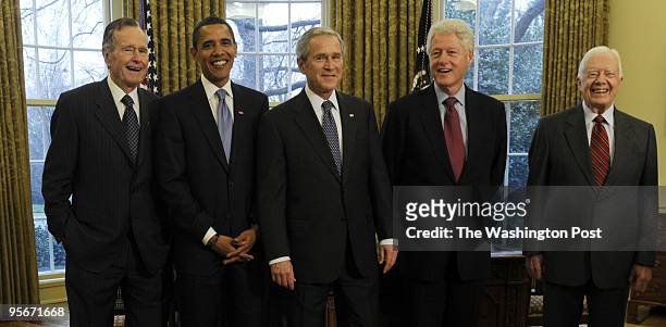 From left to right, From left, George H.W. Bush, President elect Barack Obama, and George W. Bush, William J. Clinton and Jimmy Carter, Five...