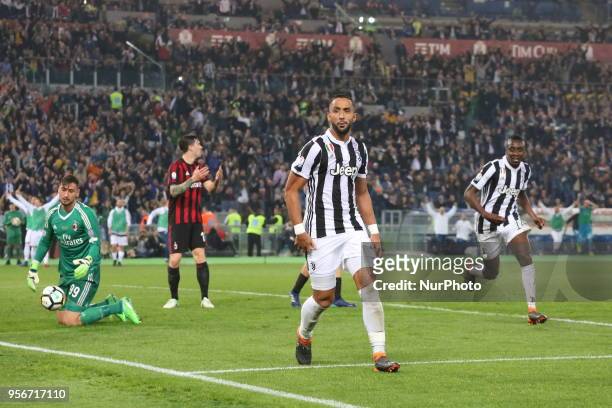 Mehdi Benatia celebrates after scoring his second goal during the Italian Cup final match between Juventus FC and AC Milan at Stadio Olimpico on May...