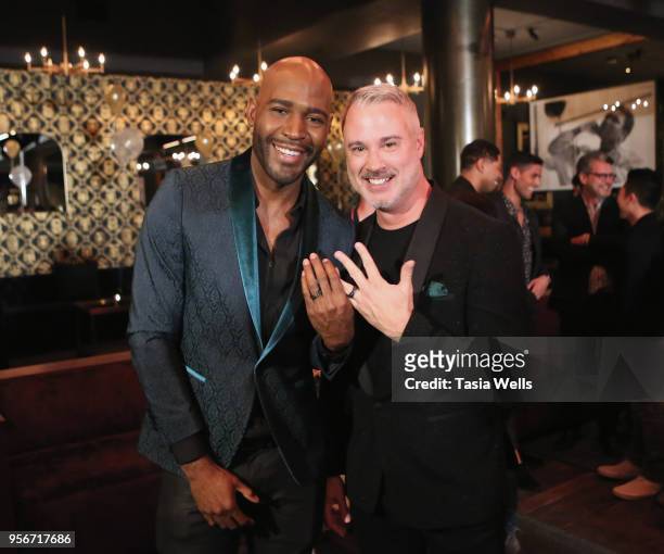 Karamo Brown and Ian Jordan after surprise engagement at HYDE Sunset: Kitchen + Cocktails on May 9, 2018 in West Hollywood, California.