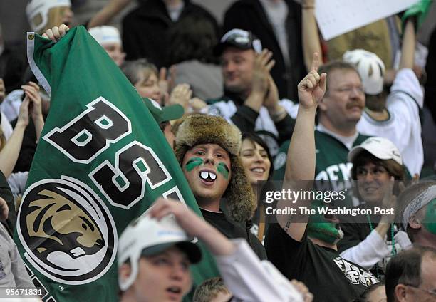 Bemidji fans cheer on their team during team introductions before the semi final Frozen Four game at the Verizon Center on Thursday, April 9, 2009.