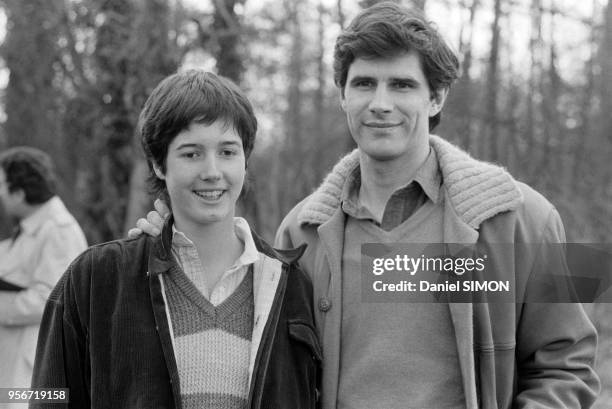 Jacinte Giscard d'Estaing et son compagnon Philippe Guibout au centre équestre de Dampiene le 17 mars 1979, France.