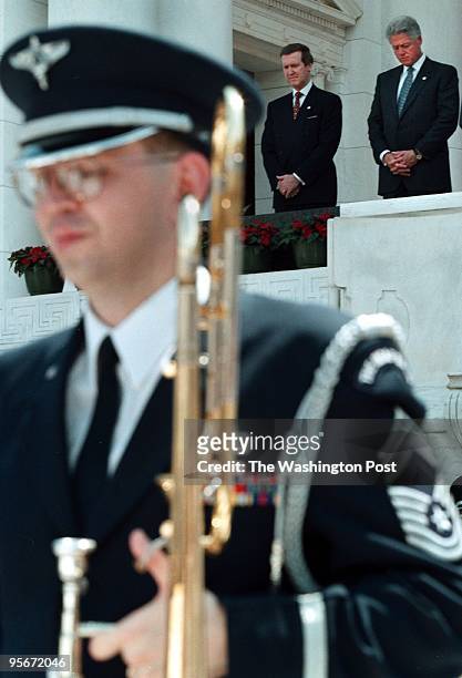 President Clinton and Sec. Of Defense William Cohen bowed their heads in prayer at Arlington National Cemetary monday during Memorial Day Services...