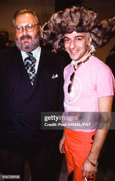 Gianfranco Ferré et John Galliano lors du défilé Galliano, Prêt-à-Porter, collection Printemps-été 1994, Paris, octobre 1993, France.