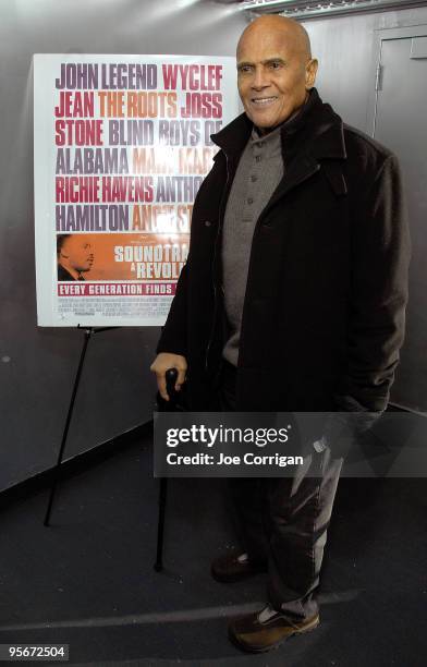 American musician/actor Harry Belafonte attends a screening of "Soundtrack For A Revolution" at Tribeca Cinemas on January 9, 2010 in New York City.