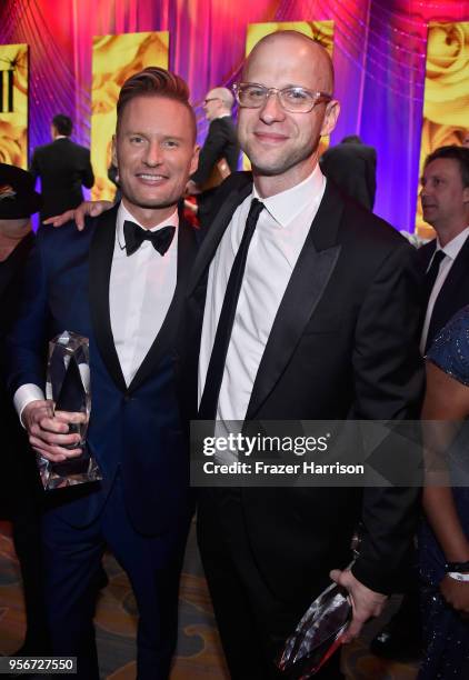 Brian Tyler and Mike Post pose with awards during 34th Annual BMI Film, TV & Visual Media Awards at Regent Beverly Wilshire Hotel on May 9, 2018 in...