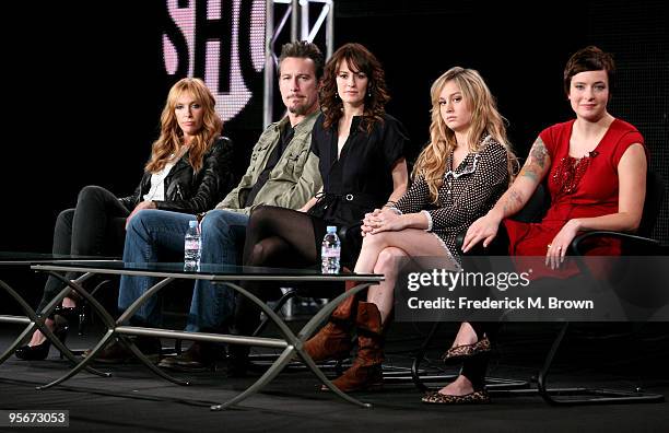 Actors Toni Collette, John Corbett, Rosemarie DeWitt, Brie Larson and Creator/writer/executive producer Diablo Cody speak onstage at the Showtime...