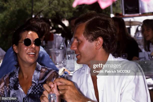 La princesse Caroline de Monaco et son époux Stefano Casiraghi le 1er août 1988 à Saint-Tropez, France.