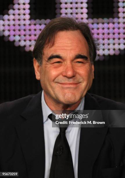 Narrator/director/writer Oliver Stone speaks onstage at the Showtime "Oliver Stone's Secret History Of America" Q&A portion of the 2010 Winter TCA...