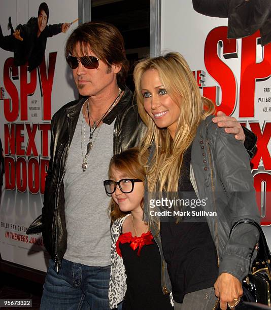 Billy Ray Cyrus, Noah Cyrus and Tish Cyrus attend the Los Angeles premiere of "The Spy Next Door" at The Grove on January 9, 2010 in Los Angeles,...