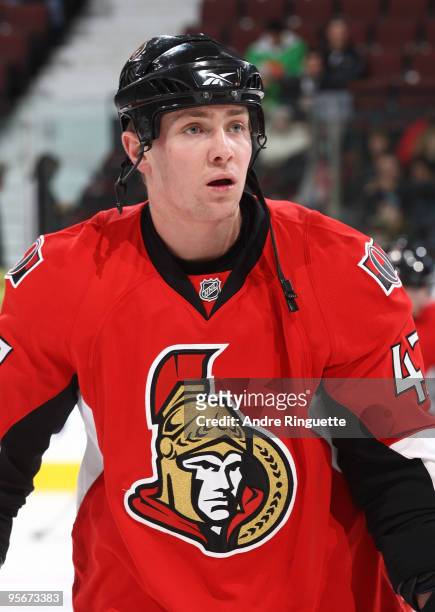 Zack Smith of the Ottawa Senators skates during warmups prior to a game against the Florida Panthers at Scotiabank Place on January 9, 2010 in...