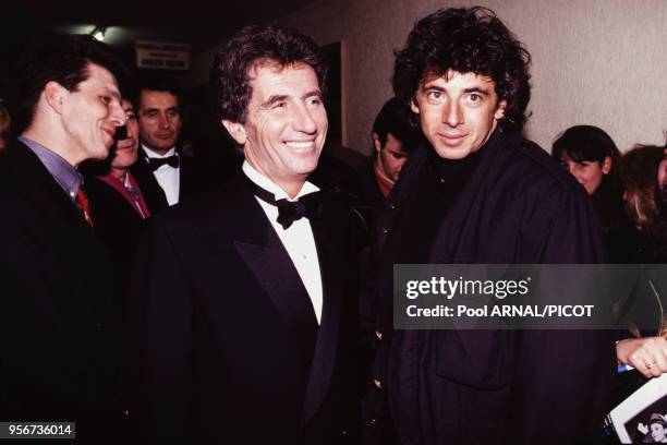 Patrick Bruel et Jack Lang lors des Victoires de la musique en janvier 1992 à Paris, France.