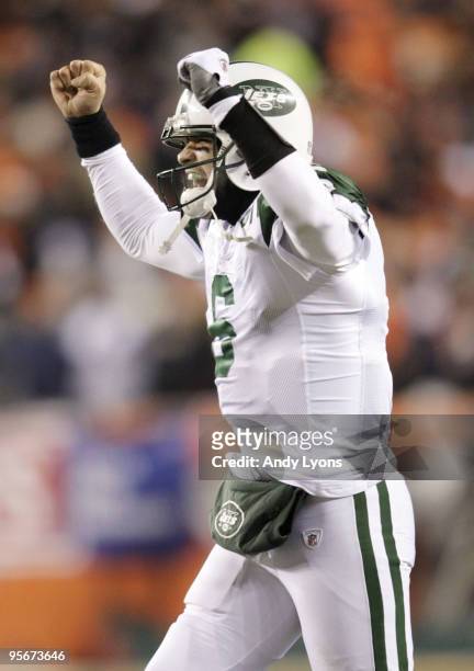 Quarterback Mark Sanchez of the New York Jets celebrates after a touchdown against the Cincinnati Bengals during the 2010 AFC wild-card playoff game...