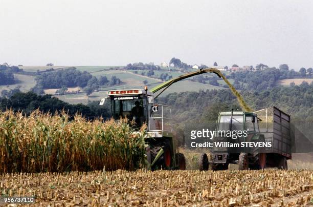 Un agriculteur de l'Aveyron entrain de récolter son maïs en septembre 1991, France.