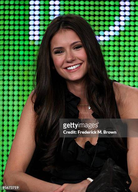 Actress Nina Dobrev speaks onstage at the CW "The Vampire Diaries" Q&A portion of the 2010 Winter TCA Tour day 1 at the Langham Hotel on January 9,...