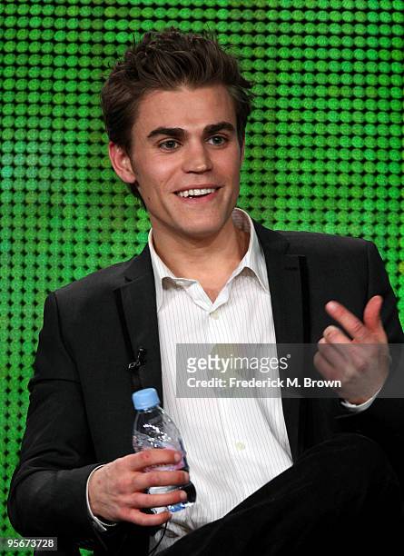 Actor Paul Wesley speaks onstage at the CW "The Vampire Diaries" Q&A portion of the 2010 Winter TCA Tour day 1 at the Langham Hotel on January 9,...