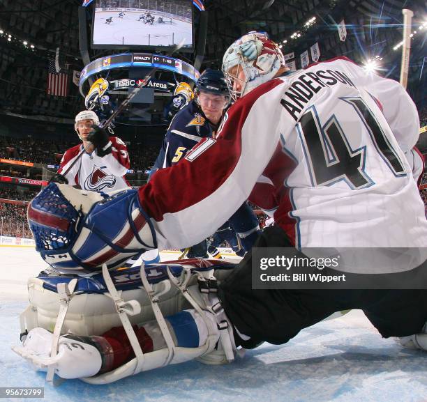 Craig Anderson of the Colorado Avalanche makes a first period pad save on Tyler Myers of the Buffalo Sabres on January 9, 2010 at HSBC Arena in...