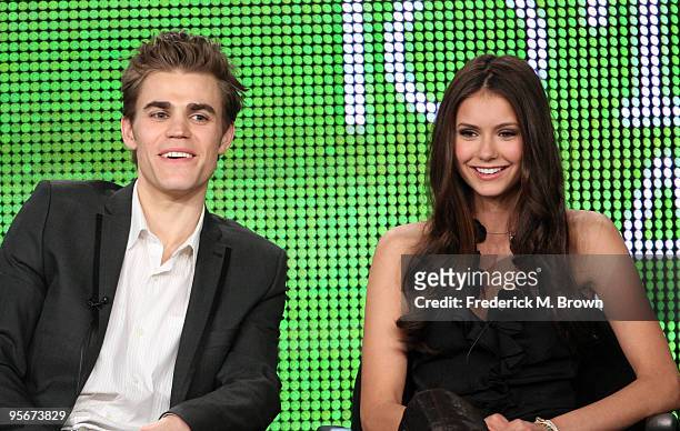 Actors Paul Wesley and Nina Dobrev speak onstage at the CW "The Vampire Diaries" Q&A portion of the 2010 Winter TCA Tour day 1 at the Langham Hotel...